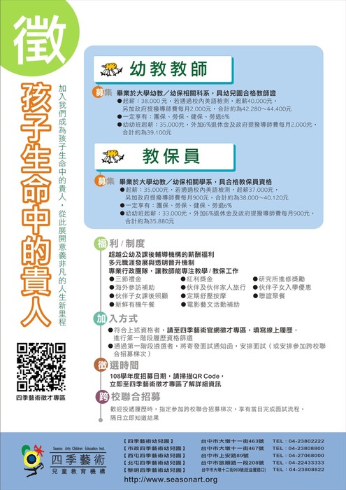 【就業升學】四季藝術幼兒園108年跨校聯合招募幼教教師及教保員圖片