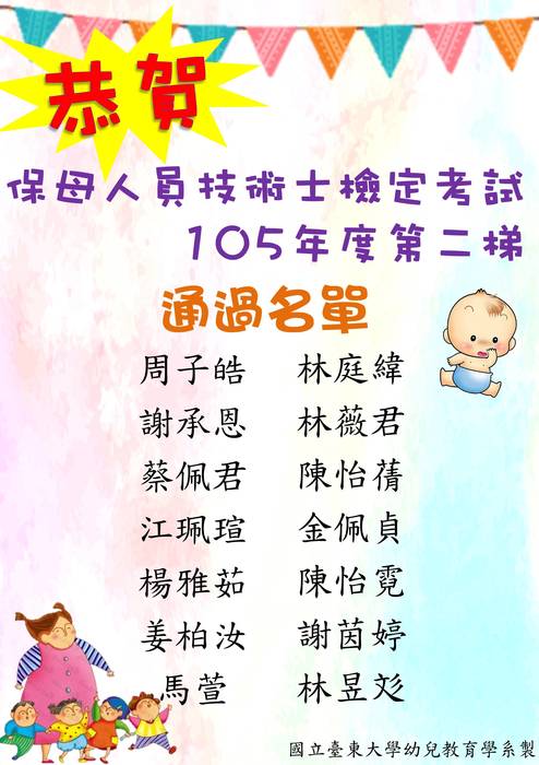 【可喜可賀】恭喜本系同學通過保母人員技術士檢定考試105年度第二梯圖片